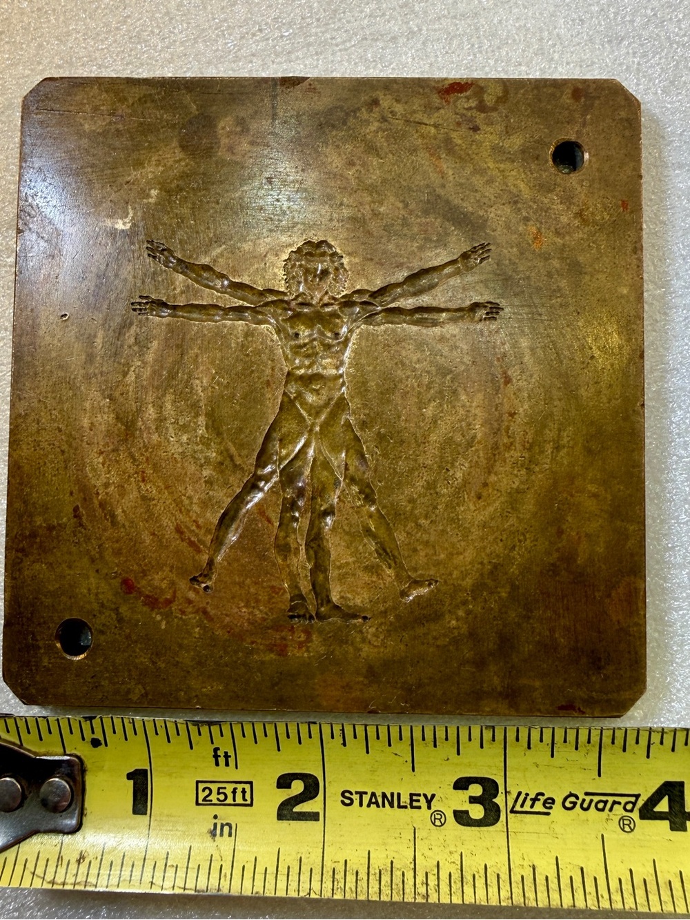 Vintage Heavy Brass PRINTING PLATE with carved Da Vinci Vitruvian Man 4” x 4" - Picture 5 of 9